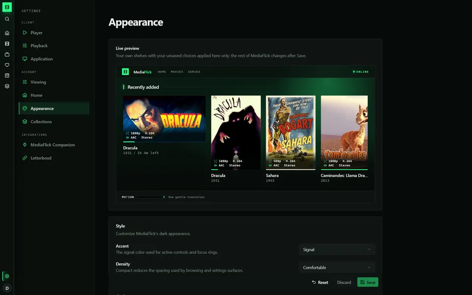 Appearance settings with a live preview