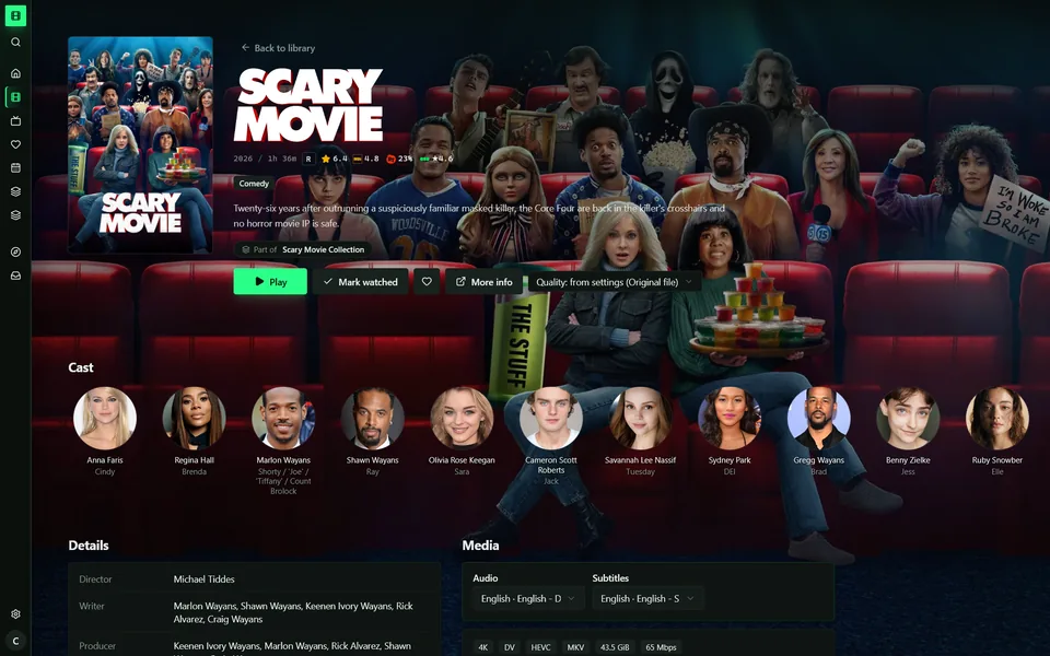 A film's details page with IMDb, Rotten Tomatoes and Letterboxd ratings